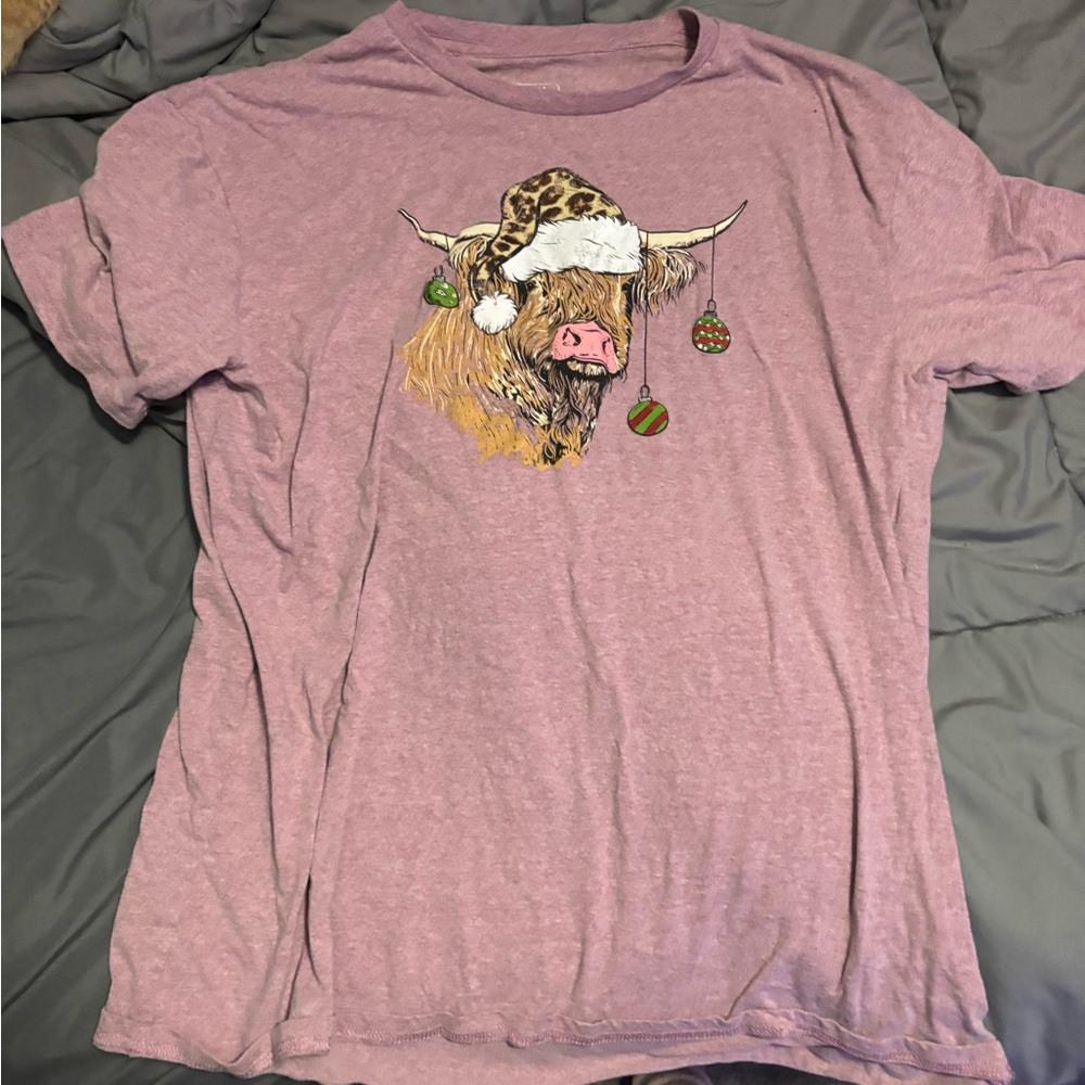Purple Graphic T-Shirt with Festive Cow Design